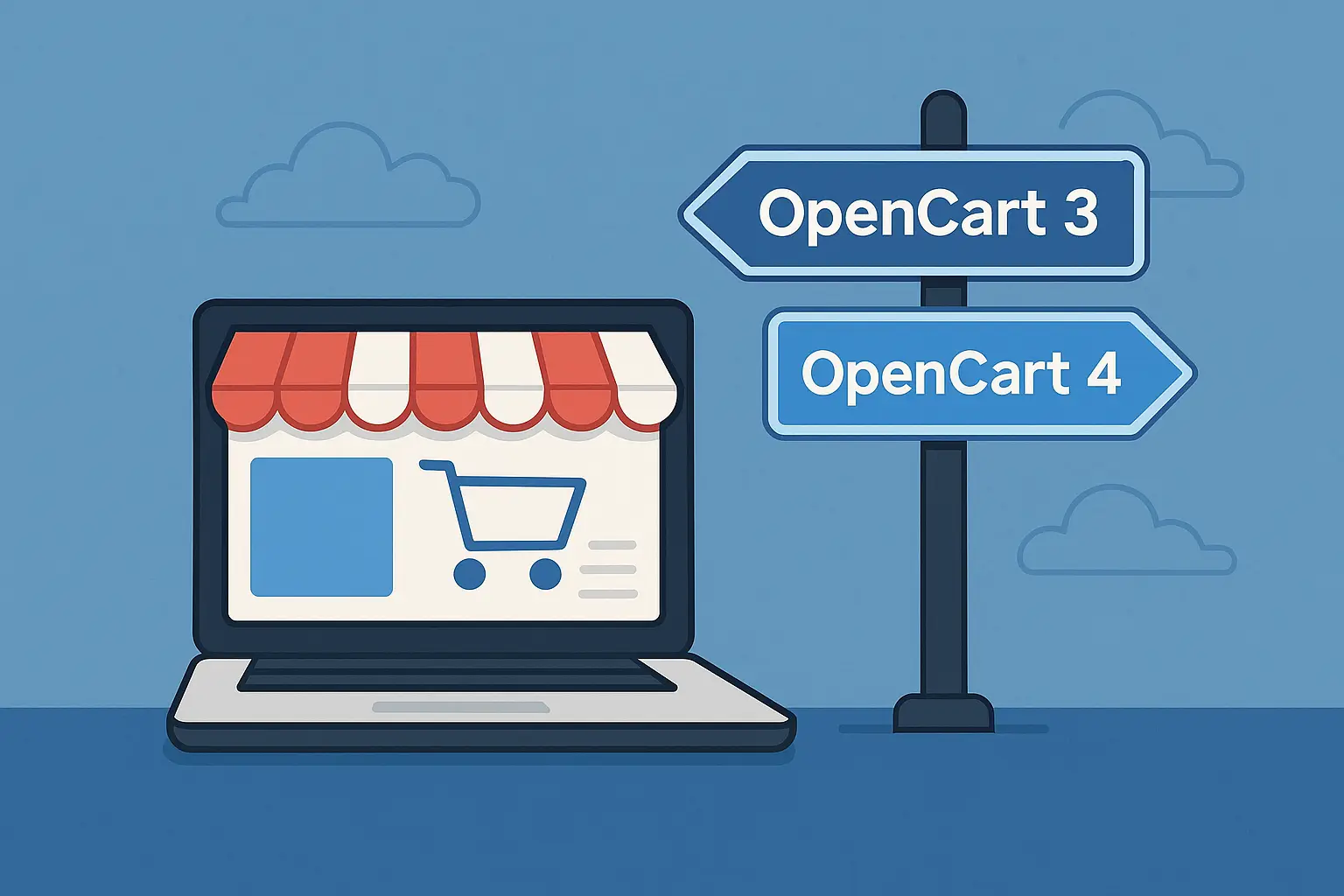 OpenCart frissítés blog illusztráció, webáruház és útjelző tábla